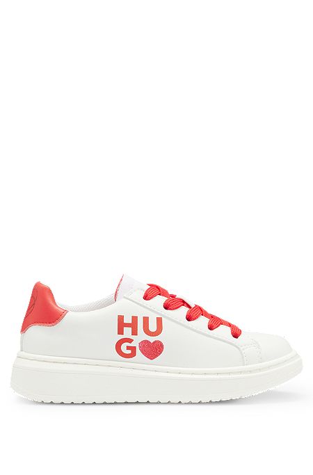 Kids' faux-leather trainers with glittery branding, White