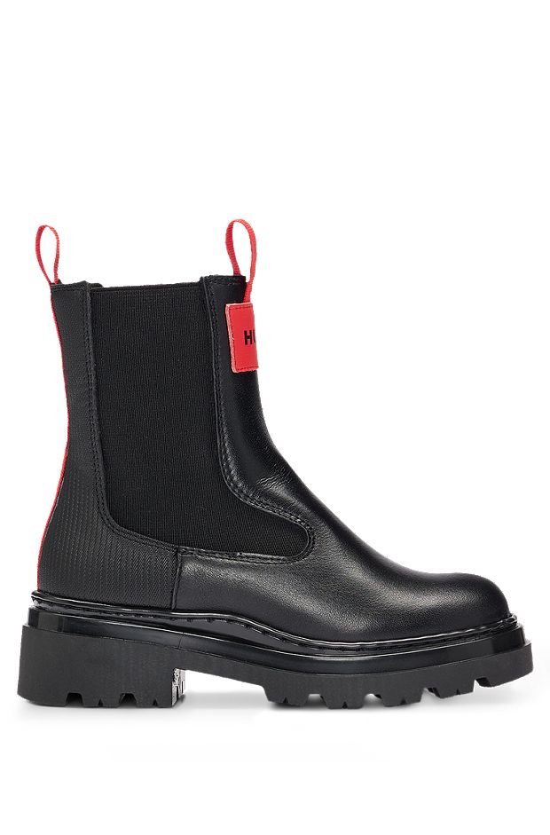 Kids' Chelsea boots in leather with red logo badge, Black