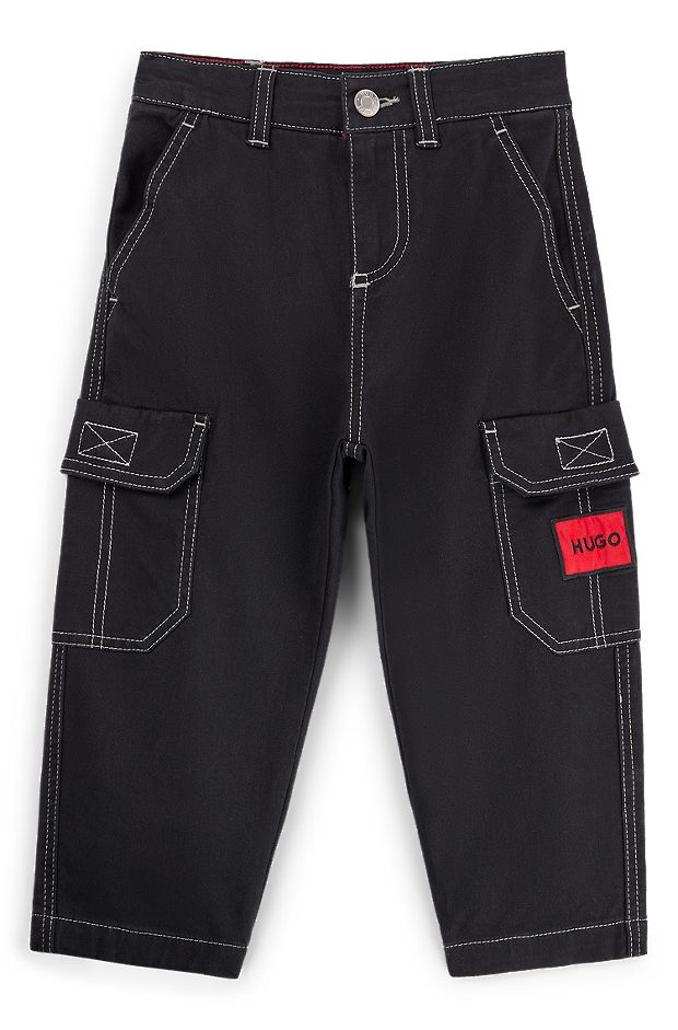 Kids' stretch-cotton cargo trousers with red logo label, Black