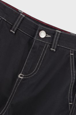 Kids' stretch-cotton cargo trousers with red logo label, Black