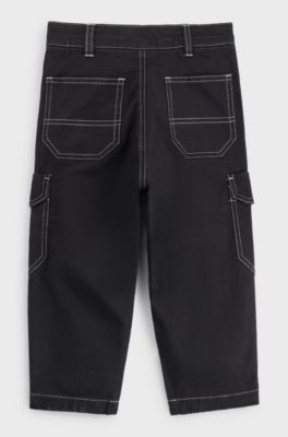 Kids' stretch-cotton cargo trousers with red logo label, Black