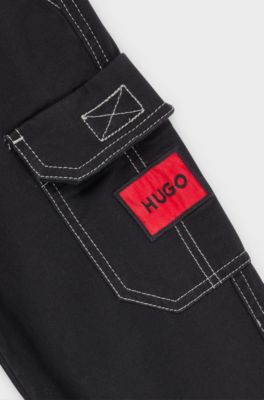 Kids' stretch-cotton cargo trousers with red logo label, Black