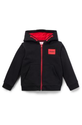 Kids' cotton-blend zip-up hoodie with red logo label, Black