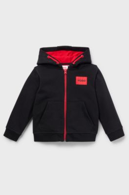 Kids' cotton-blend zip-up hoodie with red logo label, Black