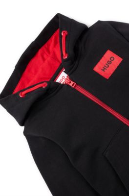 Kids' cotton-blend zip-up hoodie with red logo label, Black