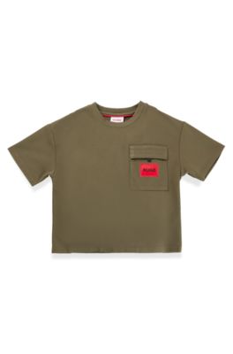 Kids' T-shirt in stretch jersey with red logo label, Dark Green