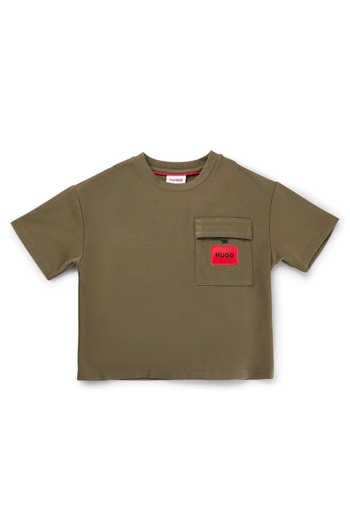Kids' T-shirt in stretch jersey with red logo label, Dark Green