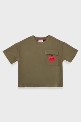 Kids' T-shirt in stretch jersey with red logo label, Dark Green