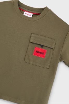 Kids' T-shirt in stretch jersey with red logo label, Dark Green