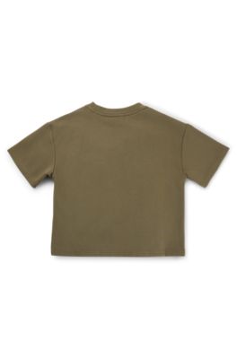 Kids' T-shirt in stretch jersey with red logo label, Dark Green