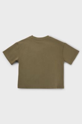 Kids' T-shirt in stretch jersey with red logo label, Dark Green