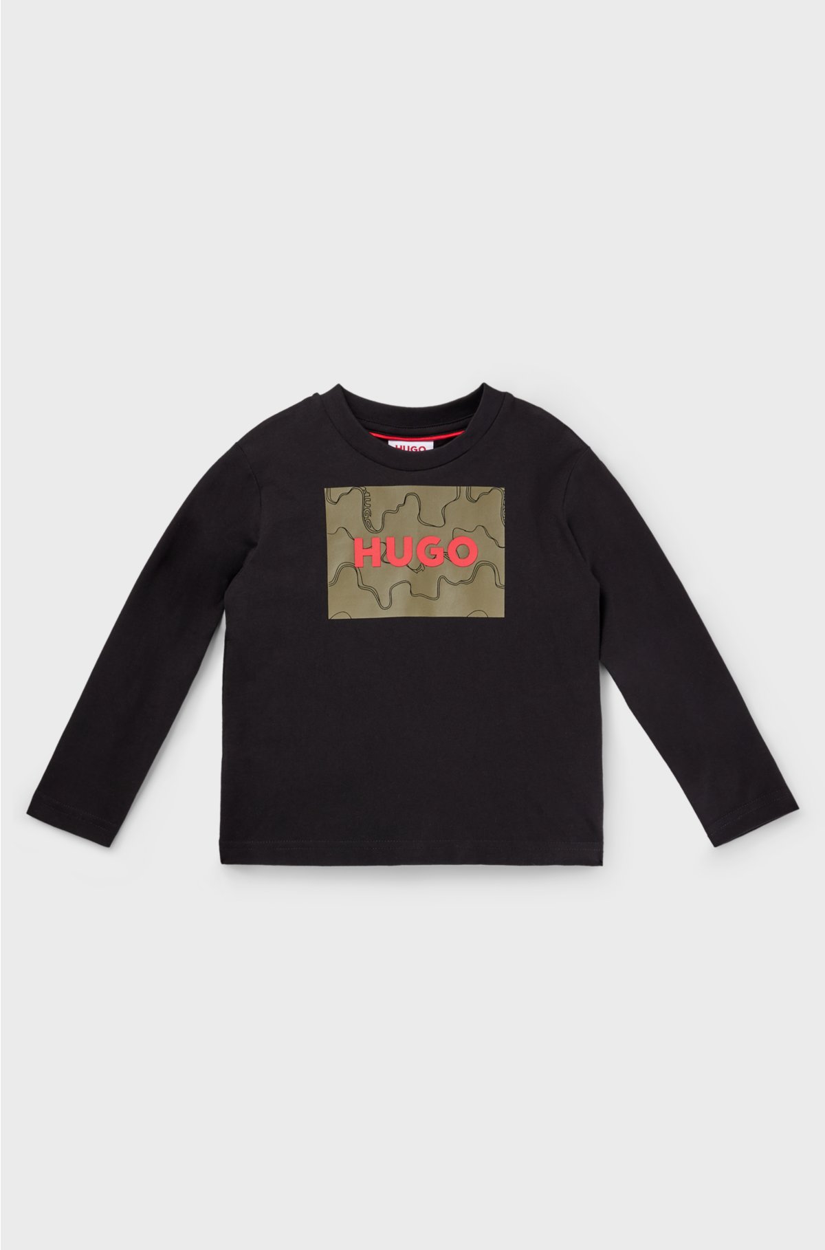 Kids' long-sleeved cotton T-shirt with textured framed logo, Black