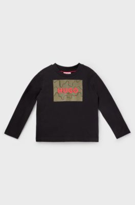 Kids' long-sleeved cotton T-shirt with textured framed logo, Black