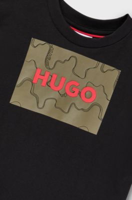 Kids' long-sleeved cotton T-shirt with textured framed logo, Black