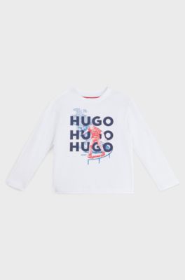 Kids' long-sleeved cotton T-shirt with logo artwork, White