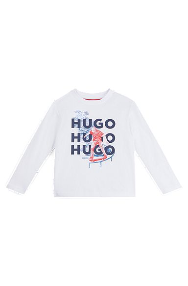 Kids' long-sleeved cotton T-shirt with logo artwork, White