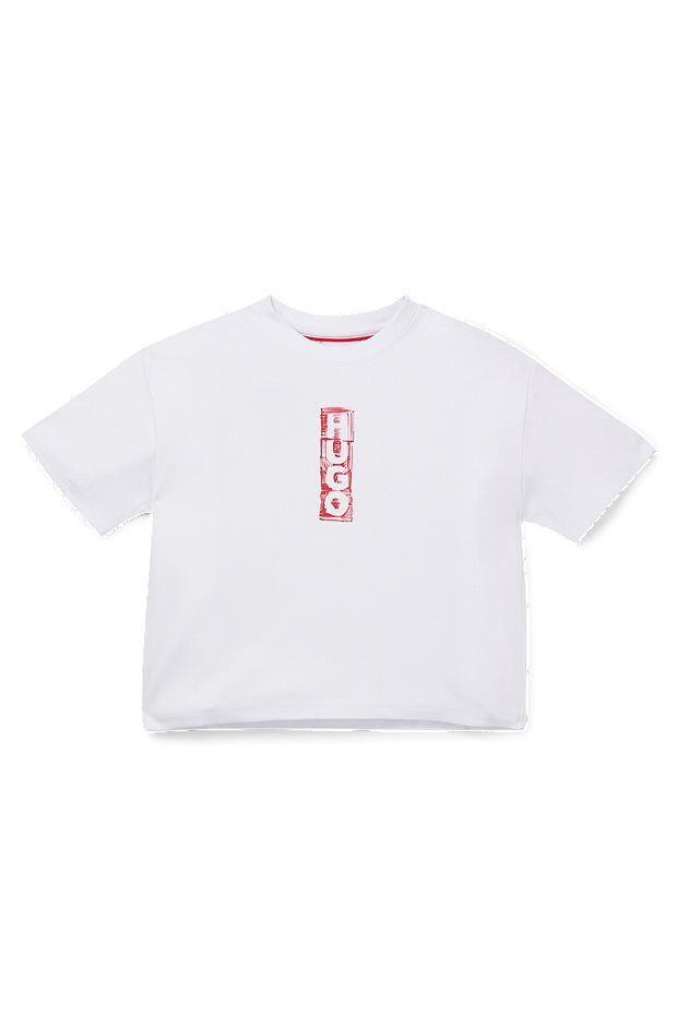 Kids' T-shirt in stretch jersey with marker-style logos, White