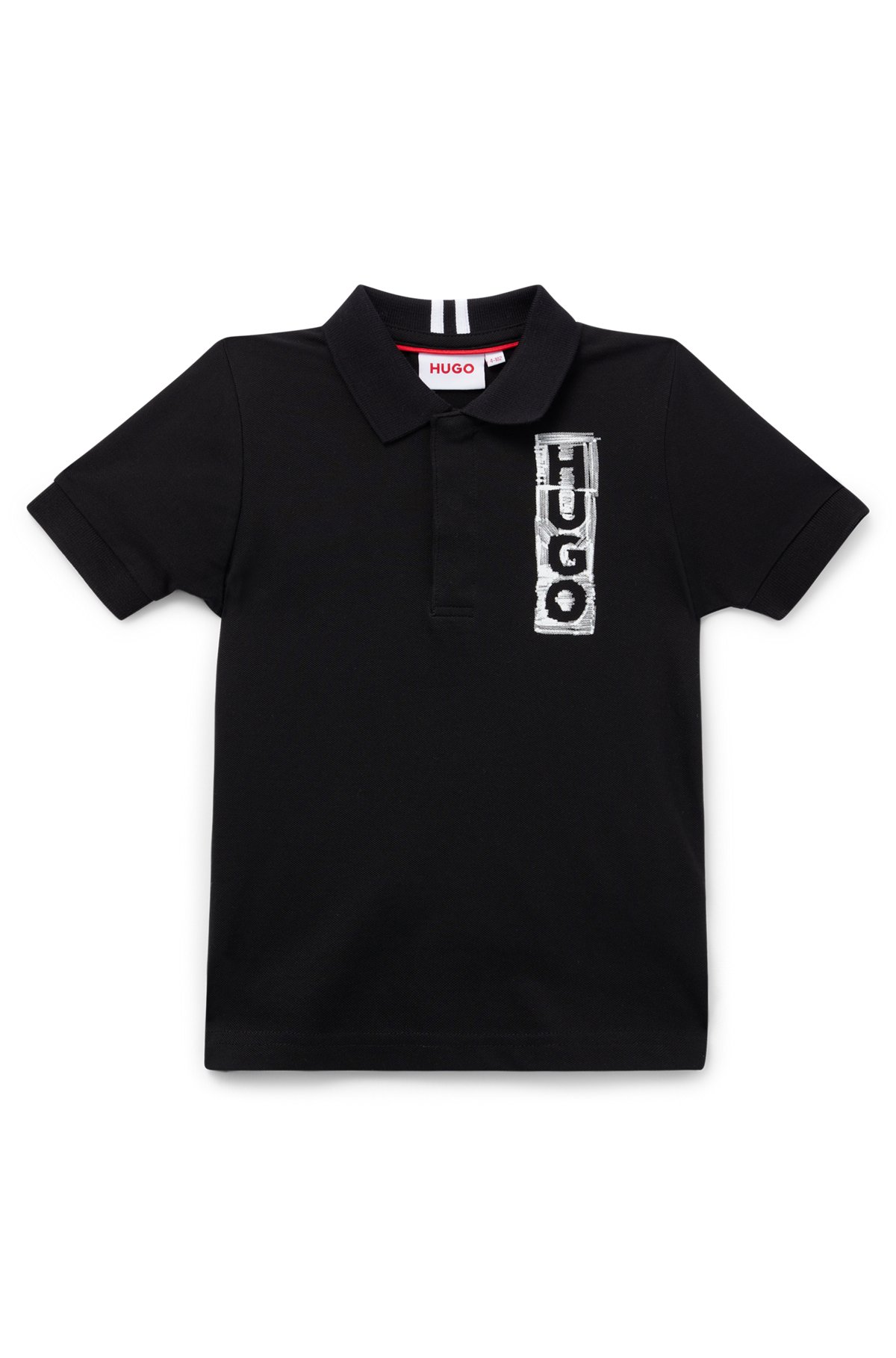 Kids' stretch-cotton polo shirt with marker-style logo, Black