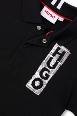 Kids' stretch-cotton polo shirt with marker-style logo, Black