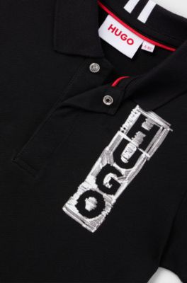 Kids' stretch-cotton polo shirt with marker-style logo, Black