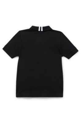 Kids' stretch-cotton polo shirt with marker-style logo, Black