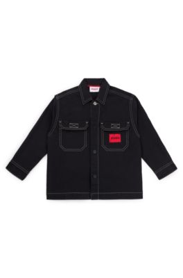 Kids' overshirt in stretch cotton with red logo label, Black
