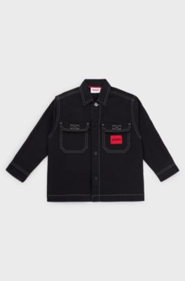 Kids' overshirt in stretch cotton with red logo label, Black