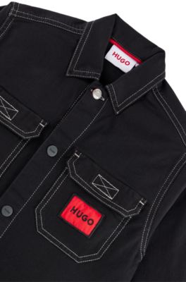 Kids' overshirt in stretch cotton with red logo label, Black