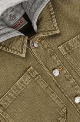 Kids' denim overshirt with detachable fleece hood, Dark Green