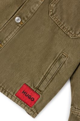 Kids' denim overshirt with detachable fleece hood, Dark Green