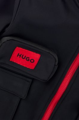 Felpa con cappuccio per bambini con zip ed etichetta con logo rossa, Nero