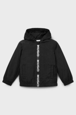 Kids' hooded windbreaker with rear logo embroidery, Black
