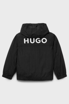 Kids' hooded windbreaker with rear logo embroidery, Black