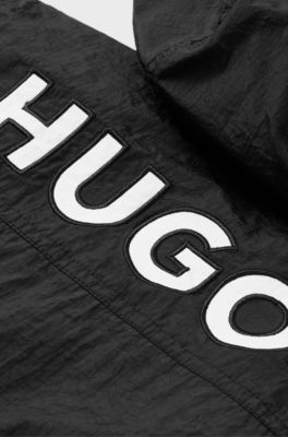 Kids' hooded windbreaker with rear logo embroidery, Black