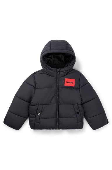 Kids' water-repellent puffer jacket with red logo label, Black