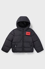 Kids' water-repellent puffer jacket with red logo label, Black