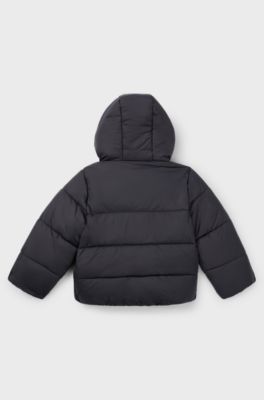 Kids' water-repellent puffer jacket with red logo label, Black