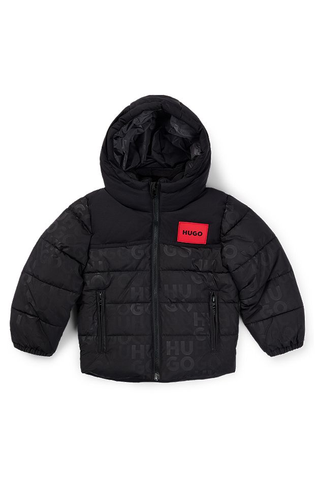 Kids' hooded puffer jacket with red logo label, Black
