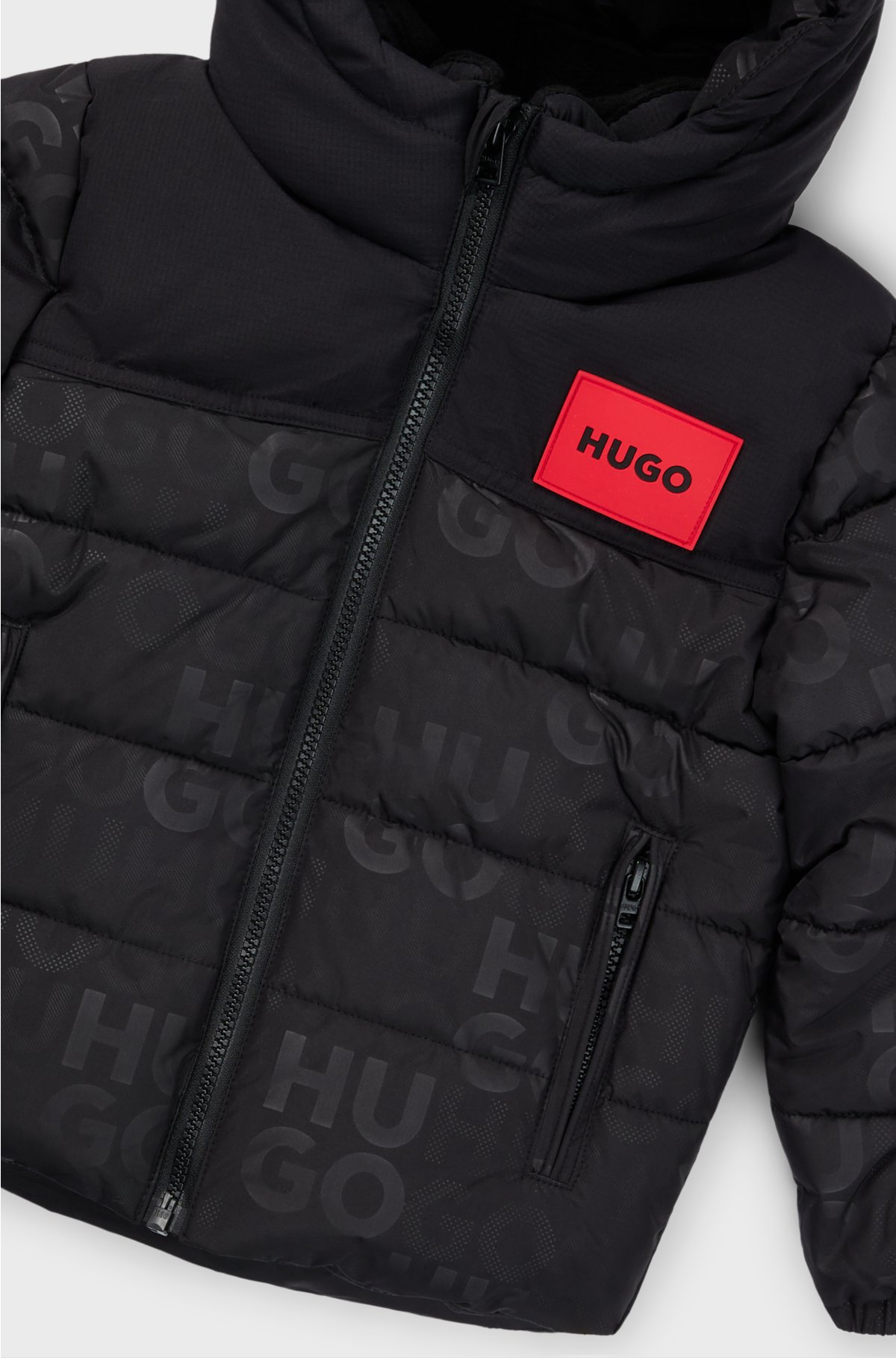 Kids' hooded puffer jacket with red logo label, Black