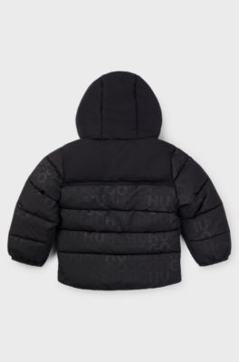 Kids' hooded puffer jacket with red logo label, Black