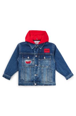 Kids' denim jacket with detachable fleece hood, Patterned