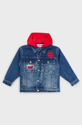 Kids' denim jacket with detachable fleece hood, Patterned