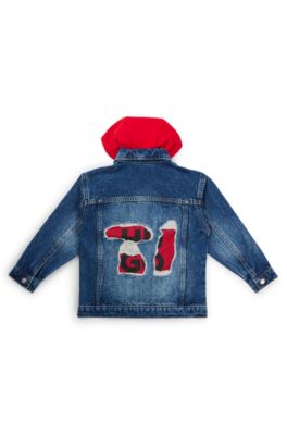 Kids' denim jacket with detachable fleece hood, Patterned