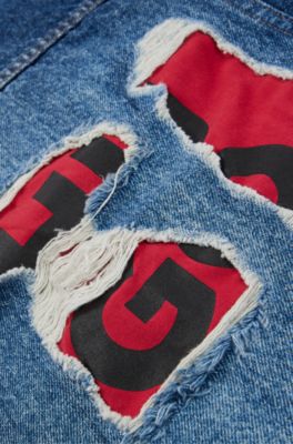 Kids' denim jacket with detachable fleece hood, Patterned