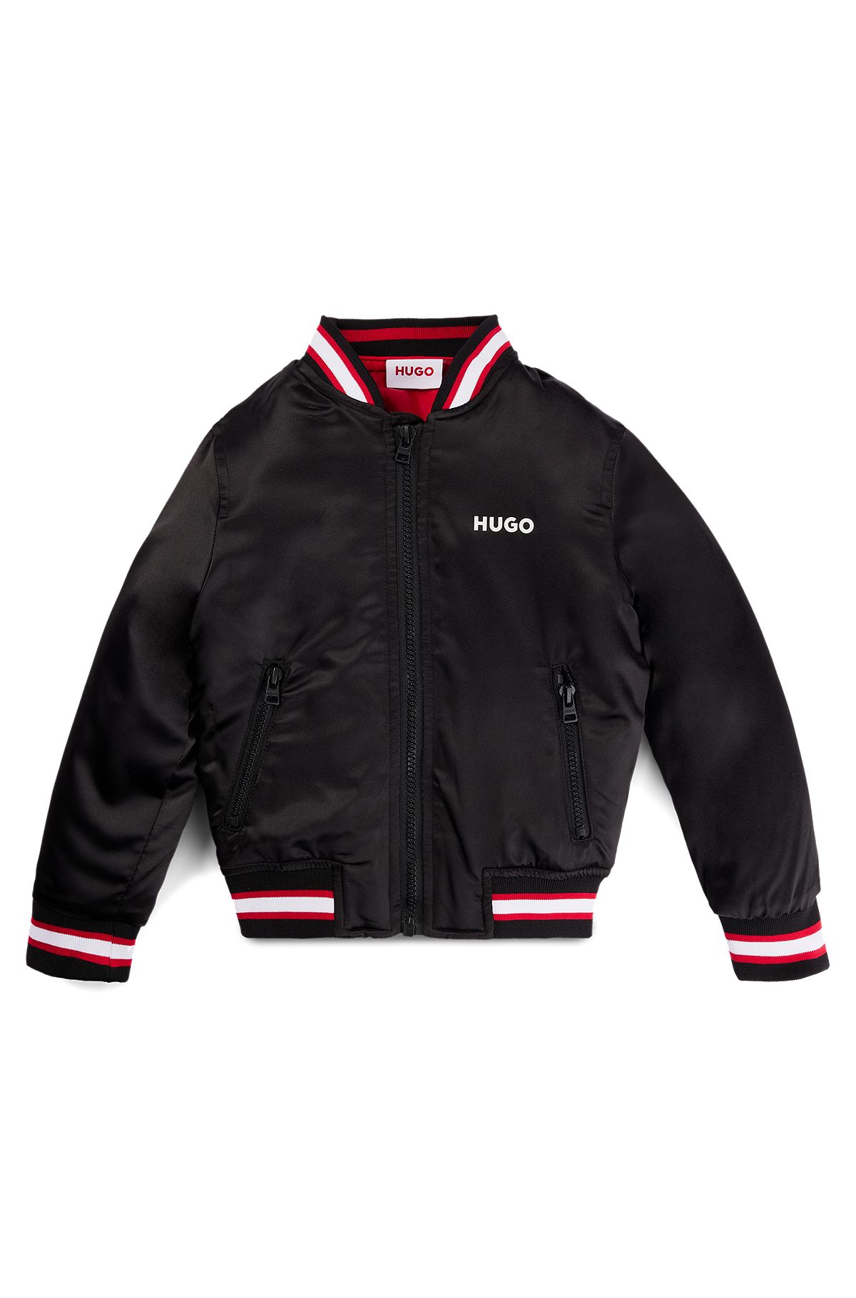 Kids' bomber jacket in stretch satin with double logo, Black