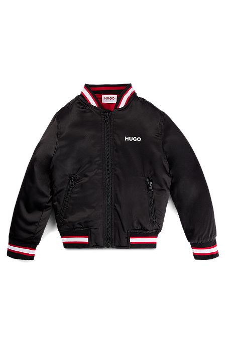 Kids' bomber jacket in stretch satin with double logo, Black