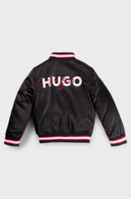 Kids' bomber jacket in stretch satin with double logo, Black