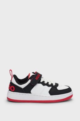 Kids' trainers in faux leather with branded strap, Black