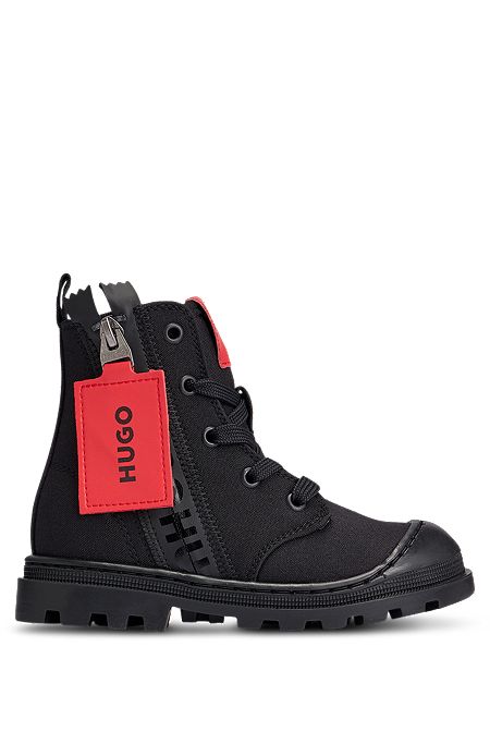 Kids-Boots mit Logo-Zipper aus Leder, Schwarz