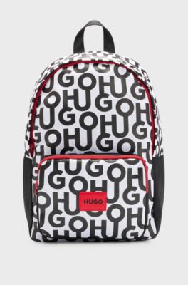 Kids' backpack with printed branding and red logo label, Patterned